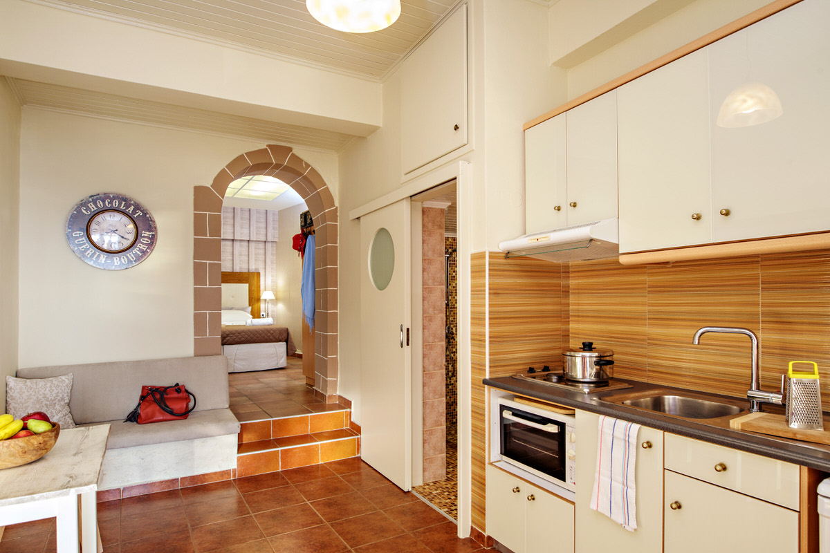 The view of the kitchen room from the entrance