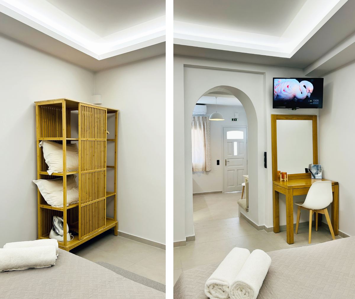 A bedroom corner and view to the kitchen and the balcony